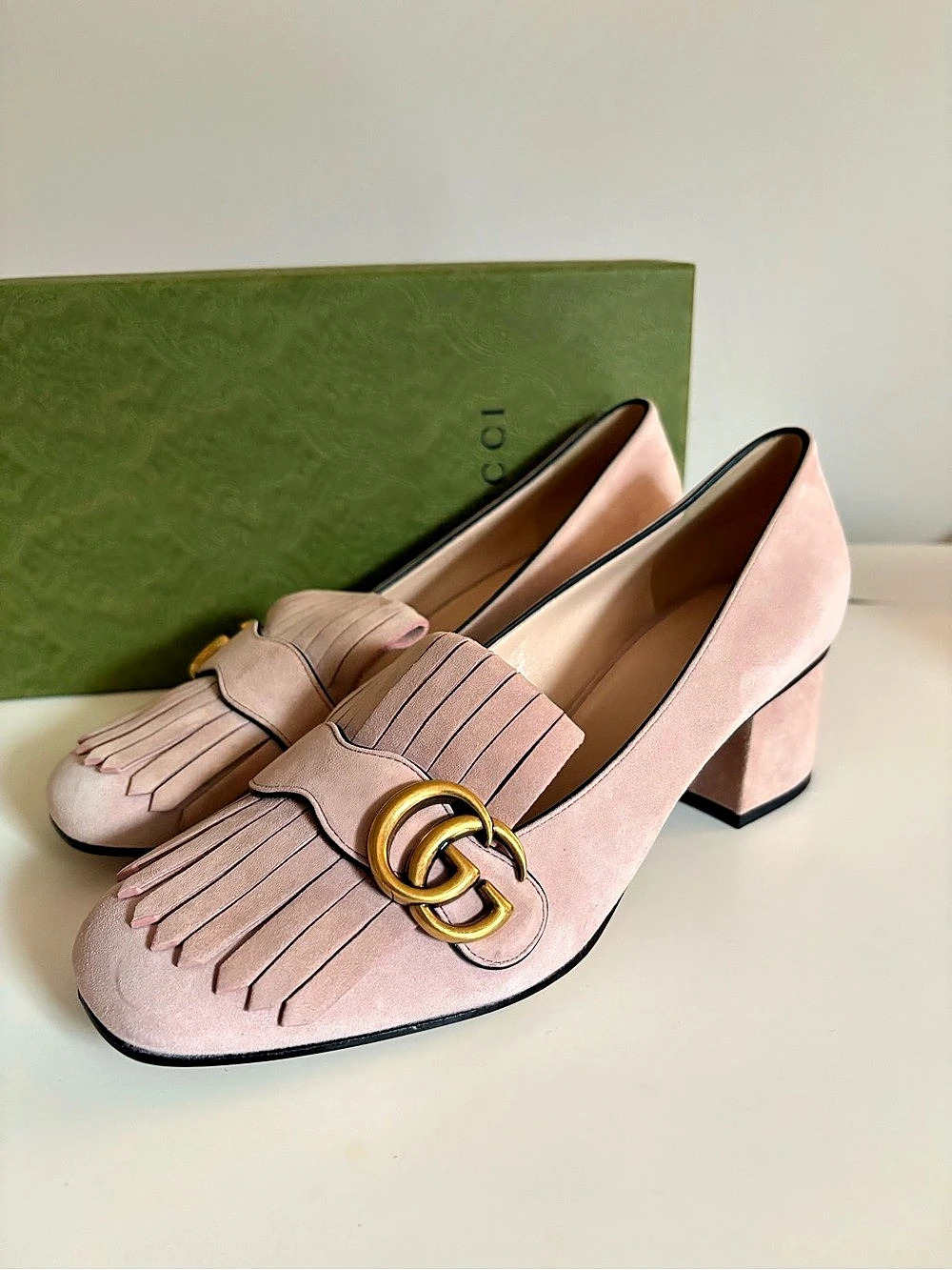 Gucci GG Marmont Fringe Suede Block Heel Pumps Blush Pink US 9.5 NEW